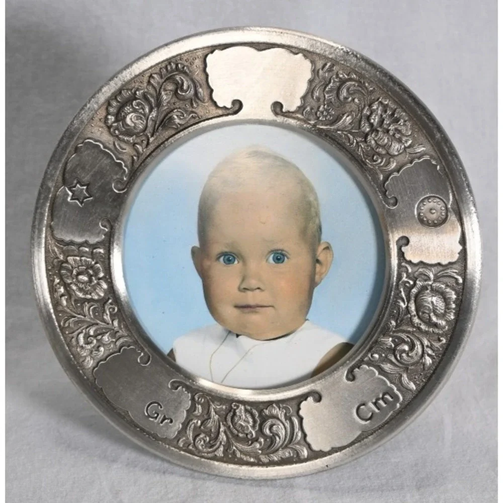 Vintage Pewter Birth Record Engravable Picture Frame 7